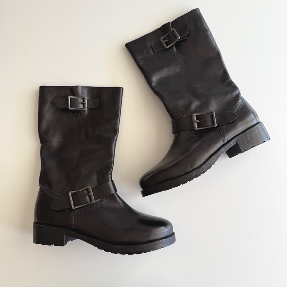 Free People NWOB Ride or Die Black Leather 2 Buckle Moto Engineer Boots sz 8.5 - Picture 3 of 11